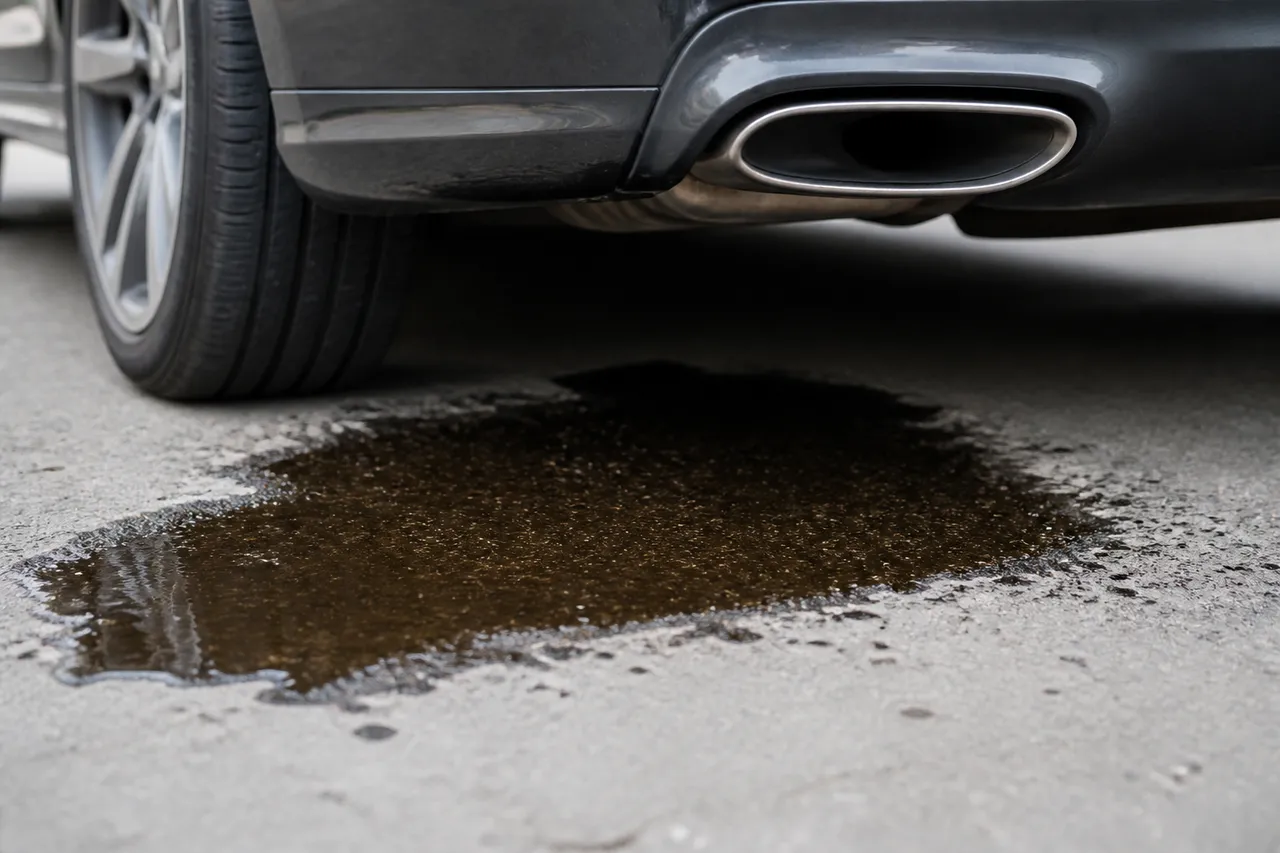 Flaque de gasoil sous une voiture, signe de fuite