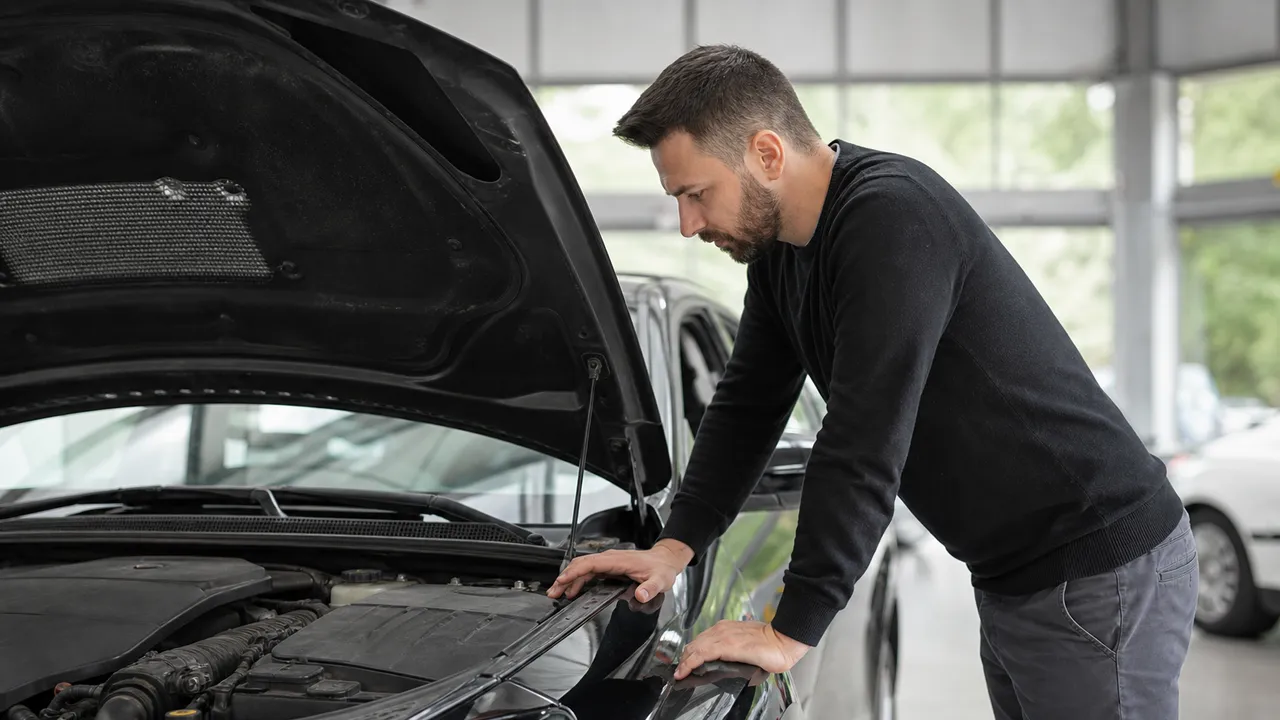 Inspection du moteur d'une voiture d'occasion en garage