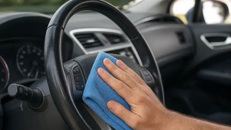 Nettoyage d'un volant de voiture qui colle avec une microfibre